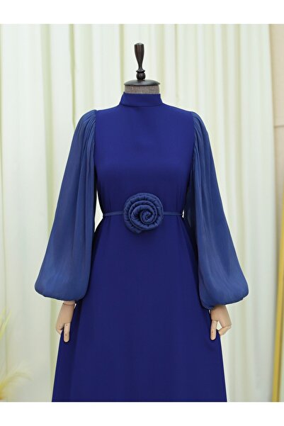 Modamorfo Φόρεμα με μανίκια με ελαστική μανσέτα και ζώνη με τριαντάφυλλο - Navy