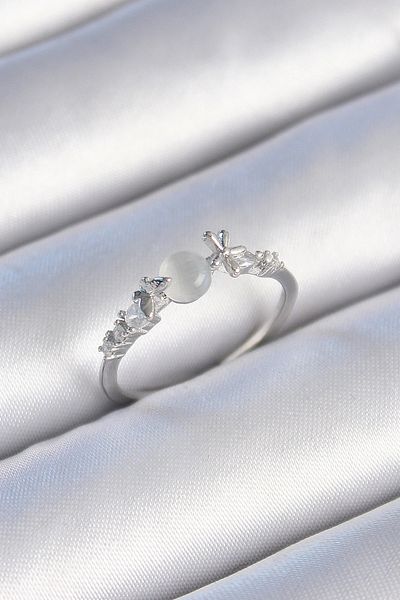 shopwave Brass Silver Color Zircon Stone White Enamel Butterfly Detail Women's Ring