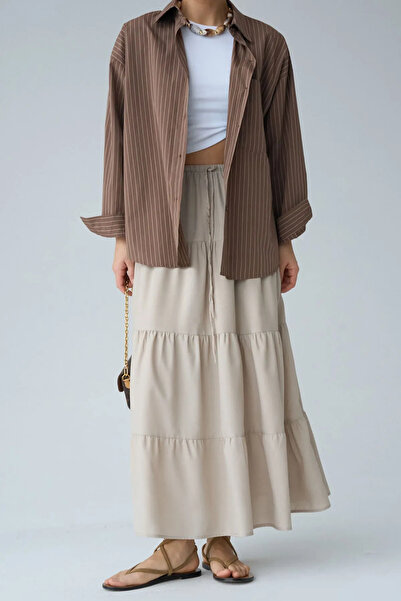 LOOSH Kadın Kahve Çizgili Cep Detaylı Poplin Gömlek