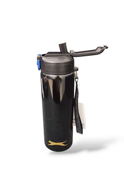 Me Çanta Unisex Black Silicone Steel Flask with Straw