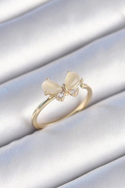 shopwave Brass Gold Color White Enamel Zircon Stone Butterfly Model Women's Ring
