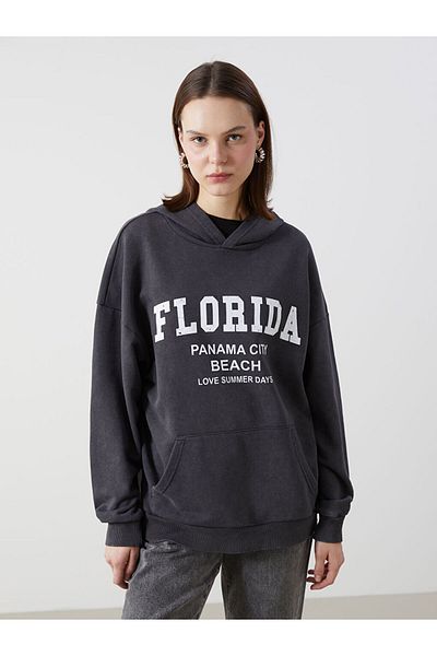 LC Waikiki Γυναικεία κουκούλα με κουκούλα LCWAIKIKI Classic Anthracite Florida με στάμπα