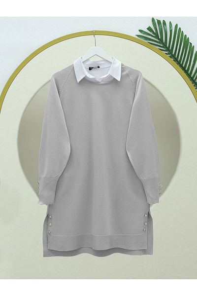 Modamorfo Split Knitwear Tunic with Button Detail on Sleeves and Skirts - Gray