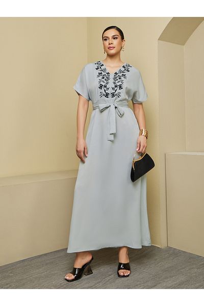 Styli Embroidered Satin Jalabiya with Waist Tie Detail