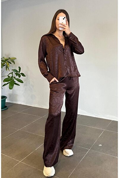 AB LOOKS Women's Aurelia Flush Jacquard Satin Shirt Pants Double Set Leopard Patterned Bottom Top Set