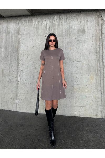AB LOOKS Γυναικείο κοντομάνικο Oys Premium βαμβακερό ύφασμα με πέτρα κεντημένο κοντό μίνι καλοκαιρινό casual φόρεμα