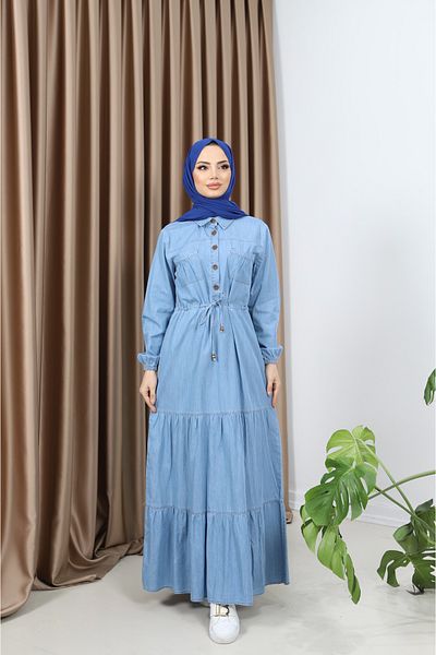 Pamuk Butik Γυναικείο τζιν φόρεμα με τσέπη στο στήθος και λεπτομέρεια με κορδόνι