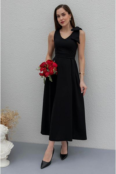 Afiş Butik Black Shoulder Bow Maxi Dress