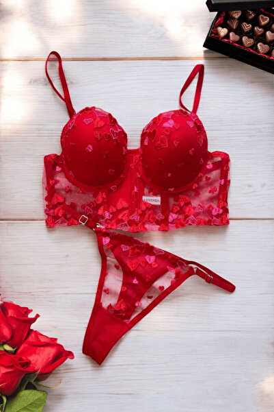 Luvensa Kırmızı Kalpli Dantelli Dolgulu Büstiyer Takımı (Sütyen & Tanga)