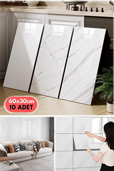 Munico 10 Parça Beyaz Seramik Fayans Mermer Duvar Fayans Kendinden Yapışkanlı...