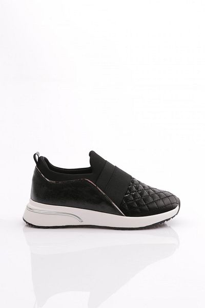 DGN Women's Elastic Square Patterned Sneaker Shoes Black Patent Leather White 31535105