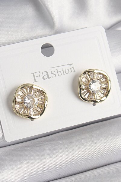 shopwave Brass Gold Color Zircon Stone Clover Model Women's Earrings