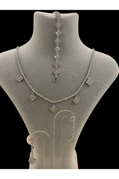 BIJUTERI Silver Color Zircon Stone Flower Set