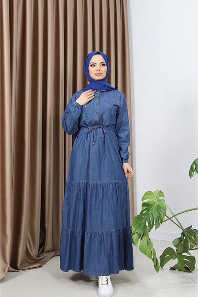 Pamuk Butik Γυναικείο τζιν φόρεμα με τσέπη στο στήθος και λεπτομέρεια με κορδόνι