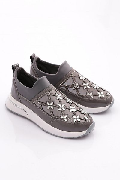 DGN Tenis de damă alb din piele lacuită gri - Detaliu flori 51235105