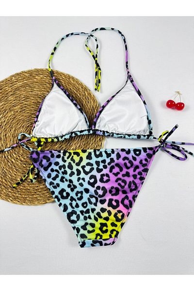 XORVİO Women Bikini Set Junior Bikini Set Leopard Print Stretchy Lycra Stylish Drawstring Bikini Set
