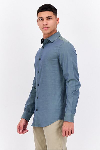 Perry Ellis قميص رجالي كاجوال بأكمام طويلة وقصة Slim Fit من Birdseye، أخضر غامق