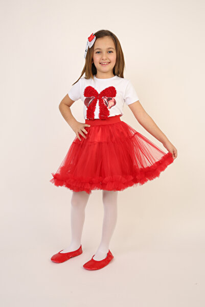 Dıgıl Kids Kırmızı Fırfırlı Etek Fiyonk T-shırt Kız Çocuk Alt-üst Takım 23 Nisan 29 Ekim Gösteri Kıyafetleri