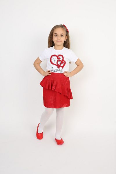 Dıgıl Kids Red Glitter Flat Cut Skirt Heart T-Shirt Girl's Top-Bottom Suit April 23 Show Clothes