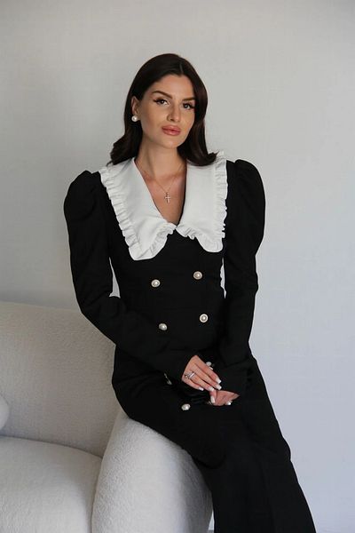 Julidress Μαύρο Μίντι Φόρεμα με χρυσά κουμπιά - Βρεφικός γιακάς βολάν, Premium βαμβάκι