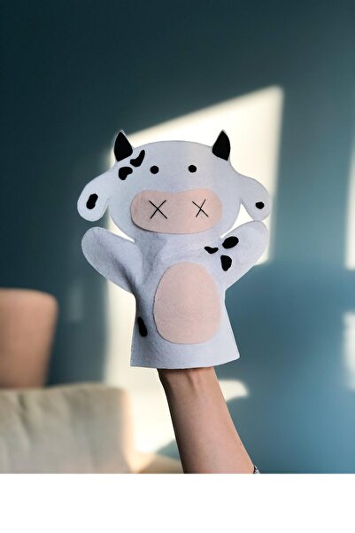 B&M İnek Figürlü Beyaz El Kuklası - Keçe Eğitici Hayvan Kukla - Özel Tasarımlı