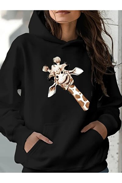 kahire Γυναικεία πλαϊνή καμηλοπάρδαλη GIRAFFE με στάμπα με κουκούλα μαύρο γκρ...