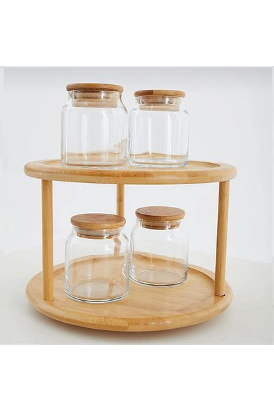 Janset Bamboo Two Tiers, Rotating Serving Rack, Bamboo Spice Rack, Cookie Stand