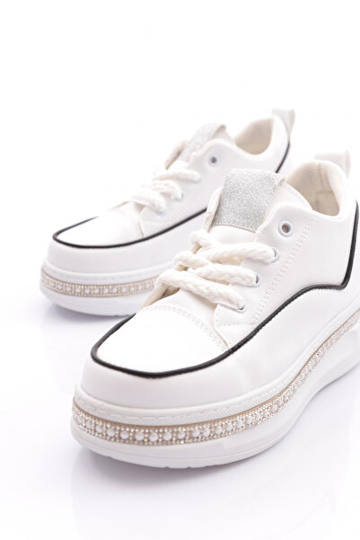 DGN Kadın Yanları Taşlı Sneaker Ayakkabı Beyaz Siyah 2623239211982322