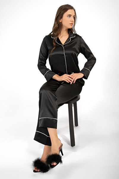Loomiro Long Sleeve Bias Button Satin Pajama Set Lmr2150