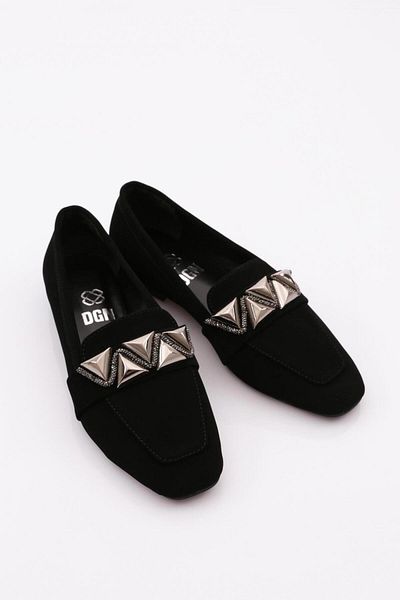 DGN 5001-23y Black Velvet Ballerinas - Silver Stone Metal Buckle Women