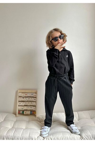 patriko tekstil Boy's Black Color Polo Collar Long Sleeve Tee Vede Striped Woven Pantalon Bottom Top Stylish Suit