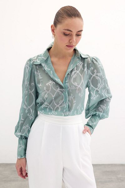 Sateen قميص شيفون بأكمام واسعة - نعناعي
