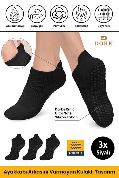 Dore Γνήσια Unisex Booties Model 3 Pairs Μαύρη αντιολισθητική σόλα Αντιολισθητικές άνετες κάλτσες για Pilates Yoga
