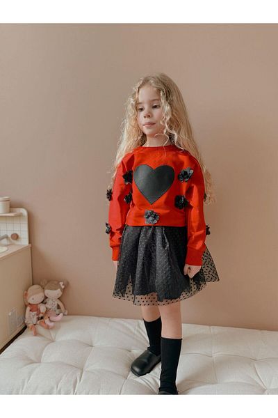 patriko tekstil Girl's Tutu Skirt Heart Detailed Bottom Top Suit