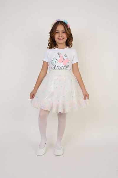 Dıgıl Kids White Floral Detailed White T-Shirt/Skirt Girl's Bottom Top Set
