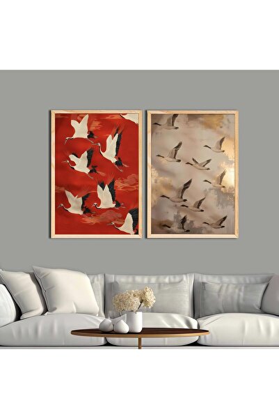 woodhomeworks Ahşap 2'li Çerçeveli göçmen kuşlar Soyut Dekoratif Tablo turnalar