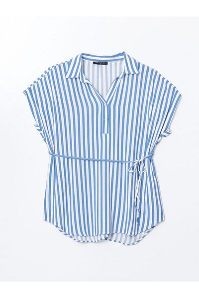 LC Waikiki Lcw Comfort Blue Casual Fit Women's Crinkle Waist Tie Shirt