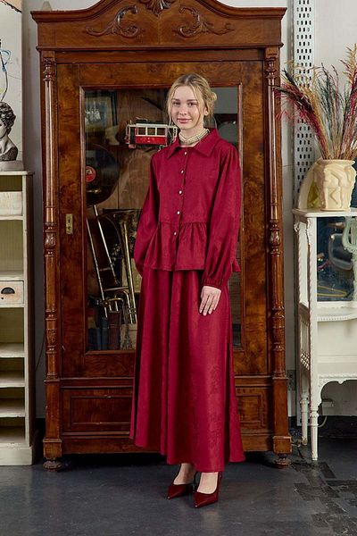 Ceylan Otantik Burgundy Jacquard Shirt Skirt Set