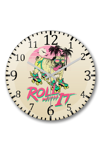 BASKI DÜNYASI Ceas de perete pentru câine cu skateboard Pug, din sticlă auten...