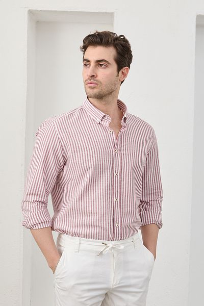 RAVANELLI Men's Burgundy Striped Cotton Linen Modern Slim Fit Shirt
