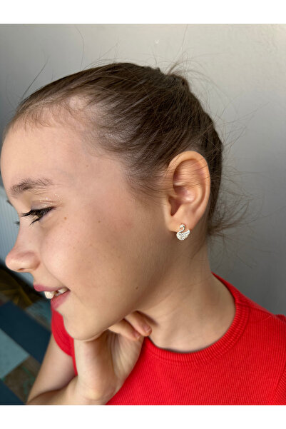 LITTLELUXE Zirkon Taşlı Kuğu Gümüş Çocuk Küpe, 925 Ayar Gümüş Kız Çocuk Küpe, Çocuk Gümüş Küpe