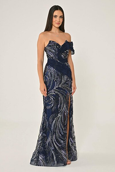 ALFABETA KADIN ABİYE TEK DÜŞÜK OMUZ YANDAN YIRTMAÇLI PAYETLİ UZUN ELBİSE