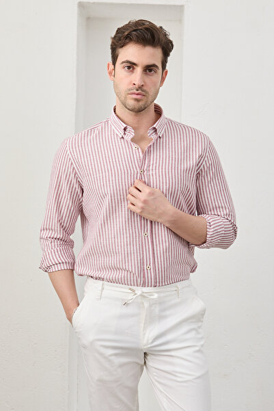 RAVANELLI Men's Burgundy Striped Cotton Linen Modern Slim Fit Shirt