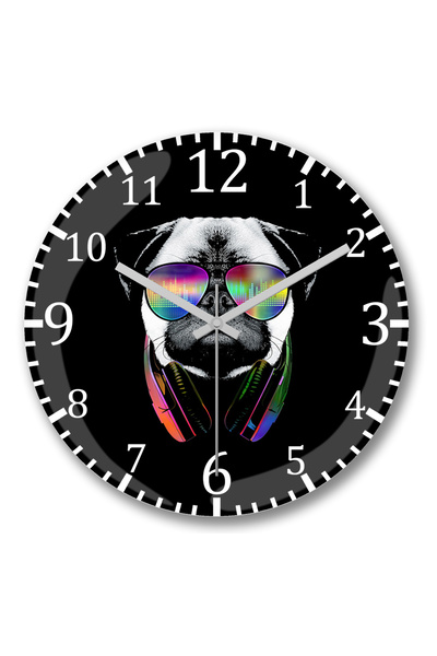 BASKI DÜNYASI Ceas de perete cu Pug muzical, din sticlă reală