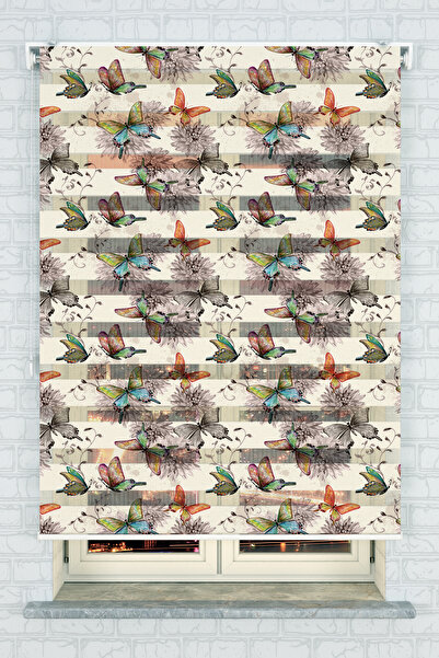 akel collection Mutfak Odası Vintage Kelebek Desenli Baskılı Zebra Stor Perde