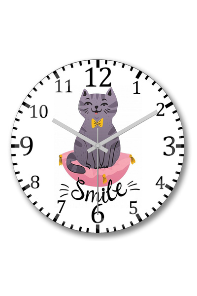 BASKI DÜNYASI ساعة حائط Smile Cat Cat من الزجاج الحقيقي المنحني