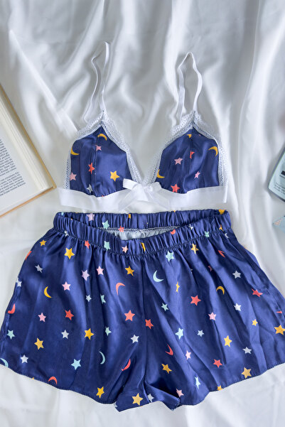 G&H UNDERWEAR - Set de pijamale din satin cu model albastru de noapte