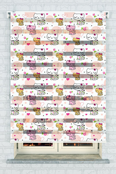 akel collection Kız Çocuk Odası Sevimli Kedi Desenli Baskılı Zebra Stor Perde