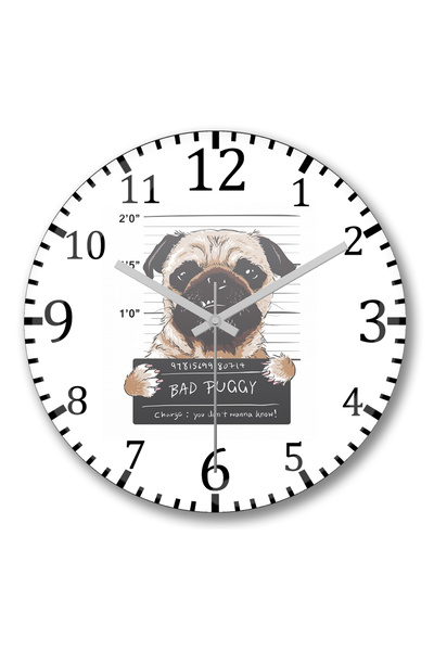 BASKI DÜNYASI Ρολόι τοίχου Bad Puggy Pug Dog με κυρτό γυαλί από αληθινό γυαλί