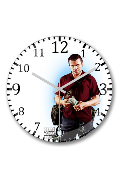 BASKI DÜNYASI ساعة حائط Gta V مايكل دي سانتا من الزجاج الحقيقي المنحني